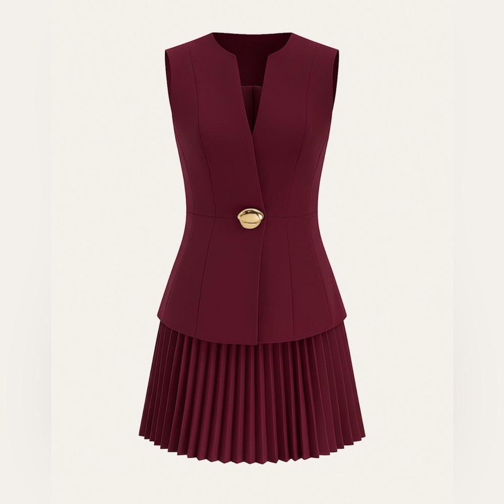 Commense Wine-Red Sleeveless Pleated Mini Dress with Gold Accent
